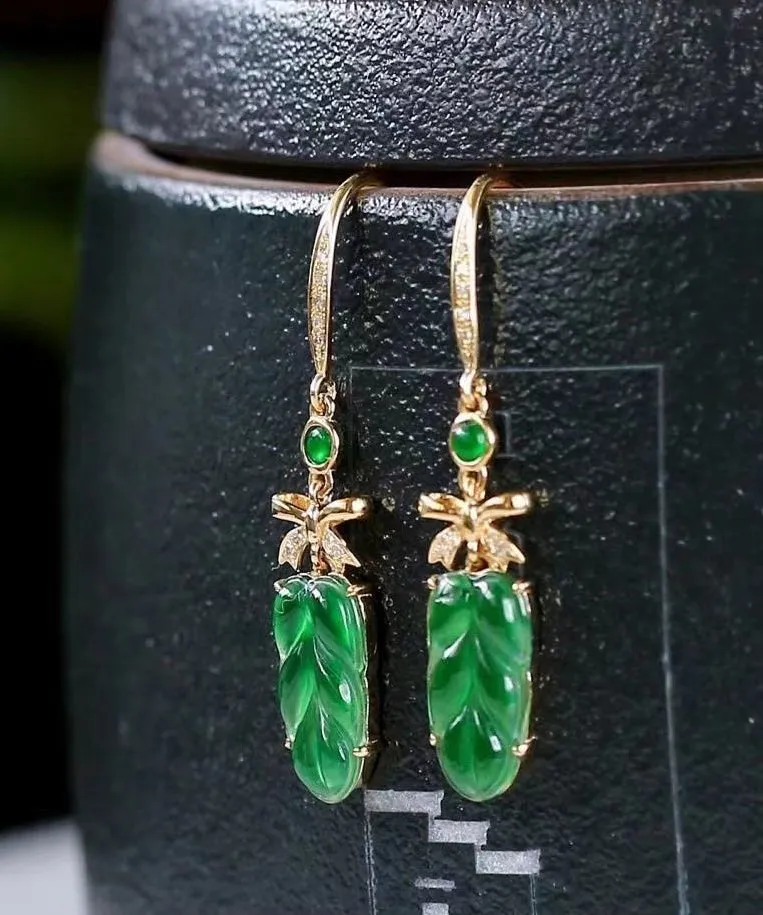 2024 New Green Sterling Silver Overgild Jade Lea Drop Earrings QU044