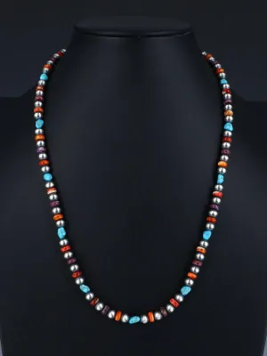 22" Native American Turquoise, Spiny Oyster and Silver Bead Necklace