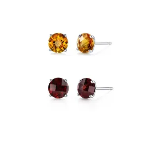 24k White Gold Plated 1/2Ct Created Citrine and Garnet 2 Pair Round Stud Earrings