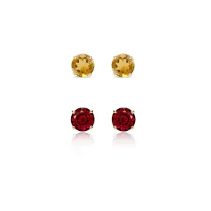 24k Yellow Gold Plated 1Ct Created Citrine and Garnet 2 Pair Round Stud Earrings