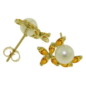 3.25 Carat 14K Solid Yellow Gold Stud Earrings Natural Citrine Pearl