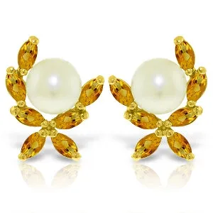 3.25 Carat 14K Solid Yellow Gold Stud Earrings Natural Citrine Pearl