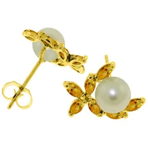 3.25 Carat 14K Solid Yellow Gold Stud Earrings Natural Citrine Pearl