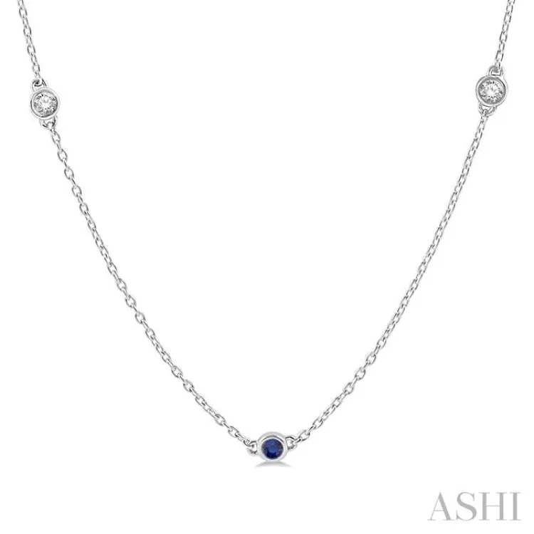 3/8 ctw Round Cut Diamond and 2.6MM Sapphire Precious Station Necklace in 14K White Gold