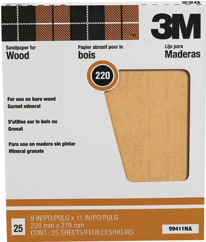 3M 99411NA Sandpaper, 11 in L, 9 in W, Extra Fine, 220 Grit, Garnet Abrasive, Paper Backing :PK 25: QUANTITY: 1