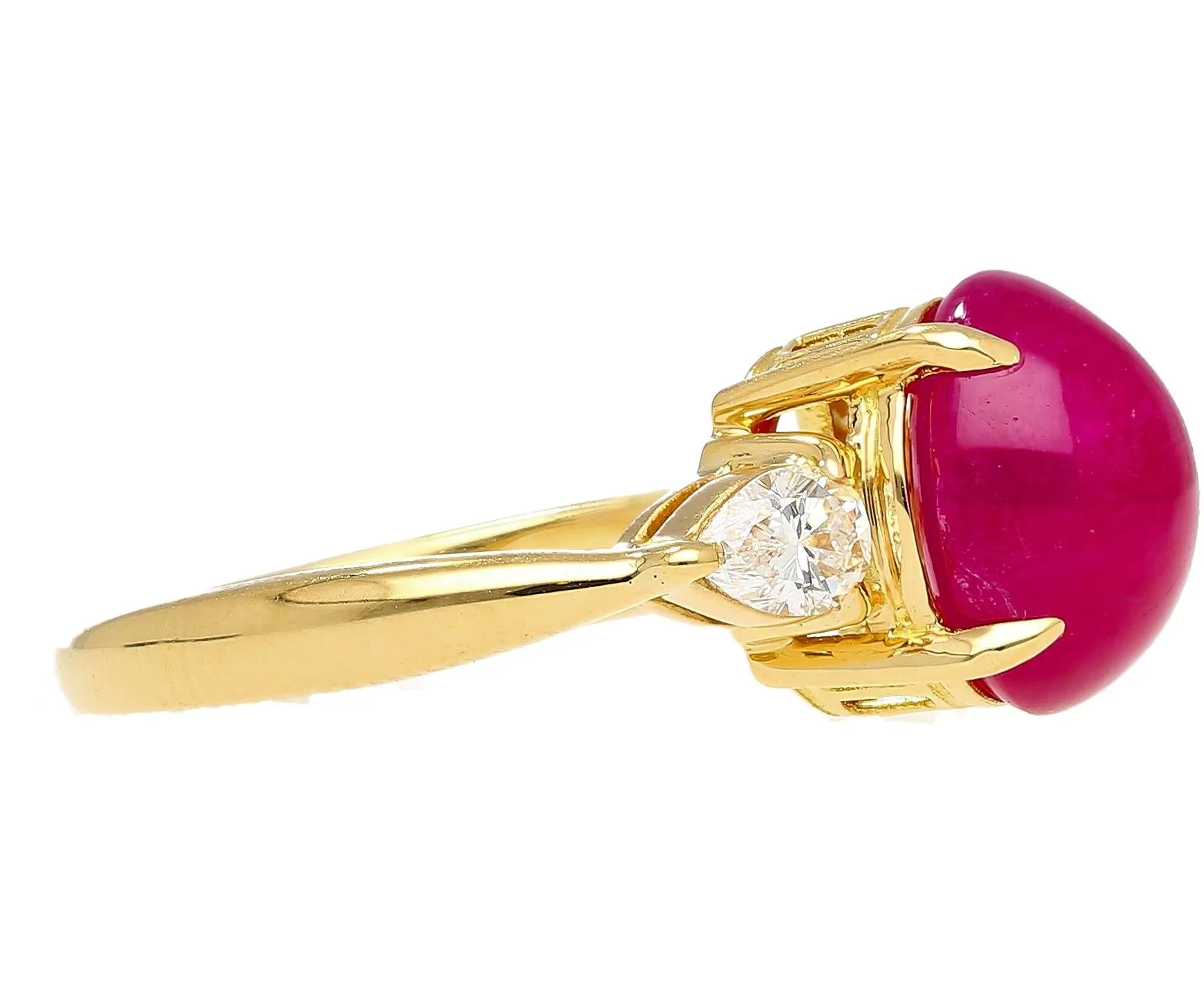 4.93 Carat Cabochon Cut Ruby & Oval Cut Diamond Three Stone 18K Ring