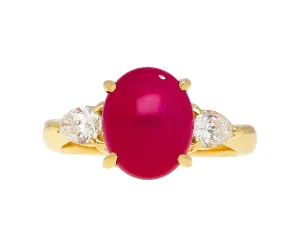 4.93 Carat Cabochon Cut Ruby & Oval Cut Diamond Three Stone 18K Ring