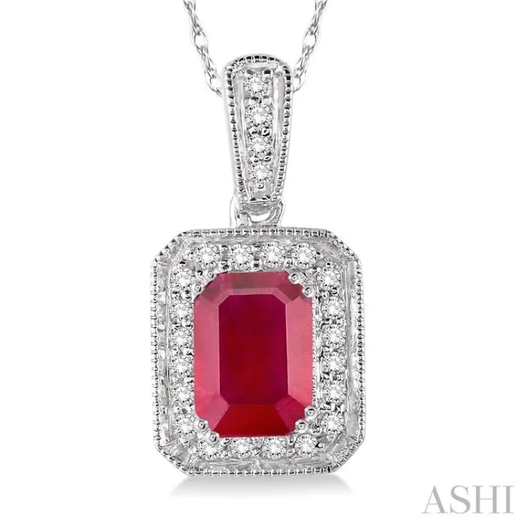 6x4 mm Emerald Cut Ruby and 1/5 Ctw Round Cut Diamond Pendant in 14K White Gold with Chain