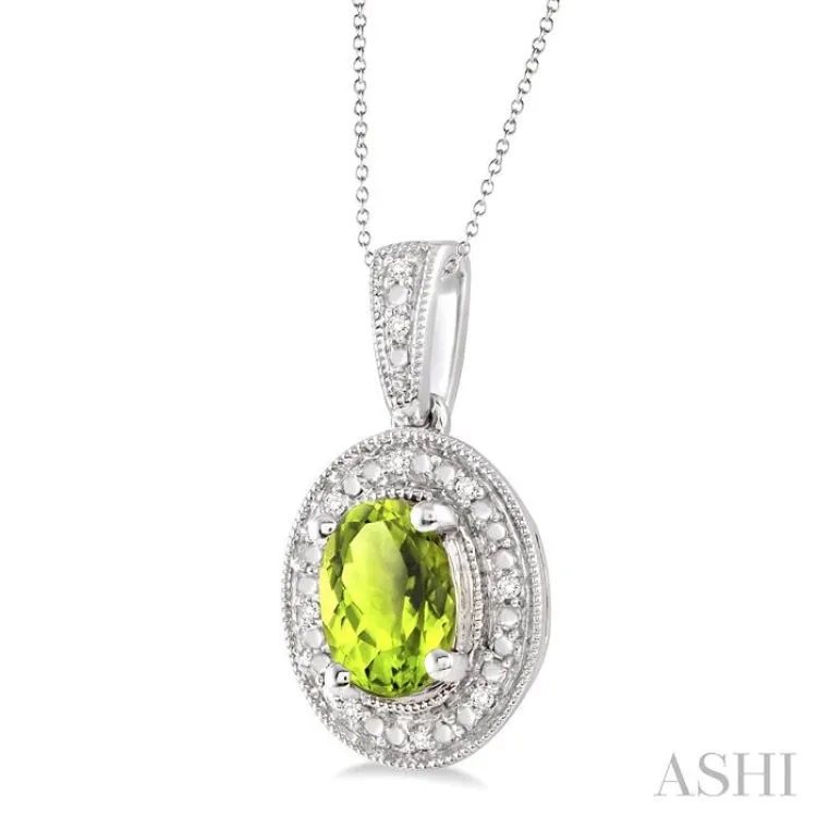 8x6 MM Oval Cut Peridot and 1/20 Ctw Single Cut Diamond Pendant in Sterling Silver with Chain