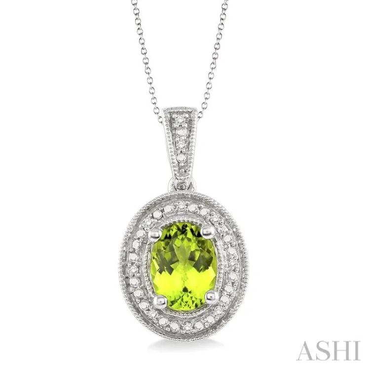 8x6 MM Oval Cut Peridot and 1/20 Ctw Single Cut Diamond Pendant in Sterling Silver with Chain