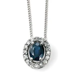 9ct White Gold Oval Sapphire And Diamond Cluster Necklace