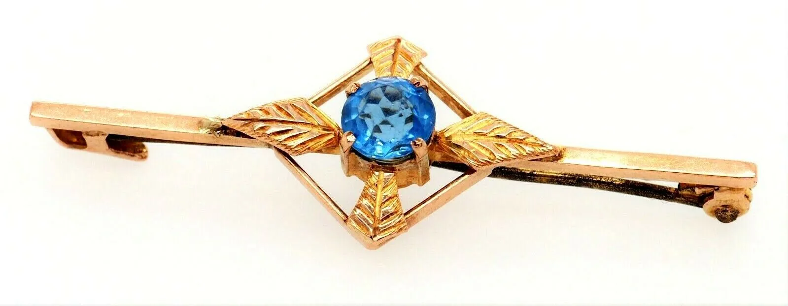 9ct Yellow Gold Blue Glass Rhinestone Bar Brooch