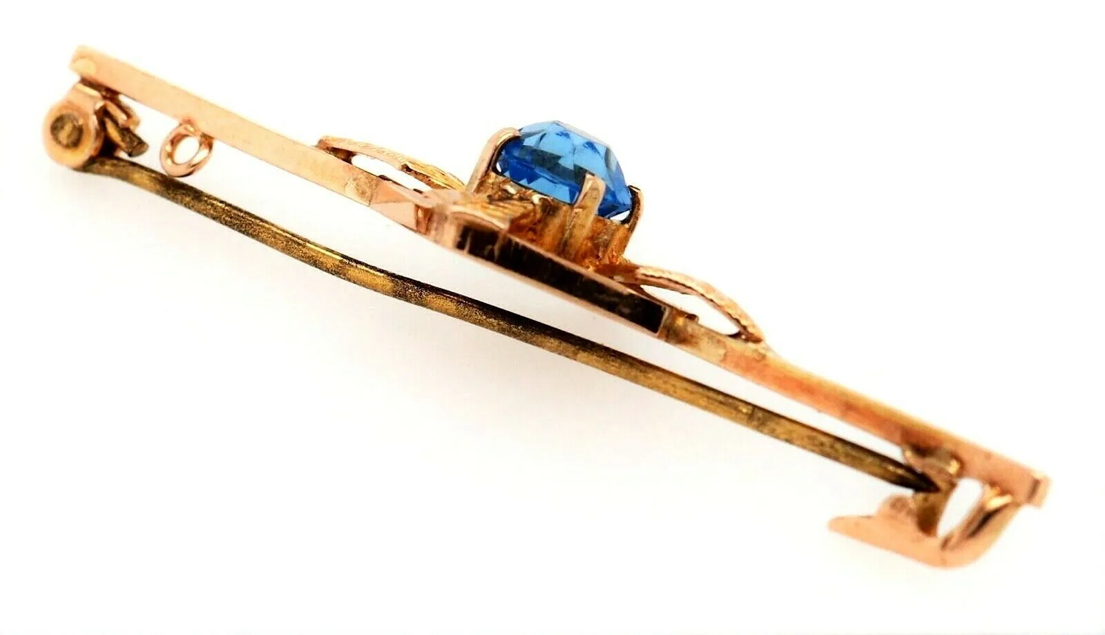 9ct Yellow Gold Blue Glass Rhinestone Bar Brooch