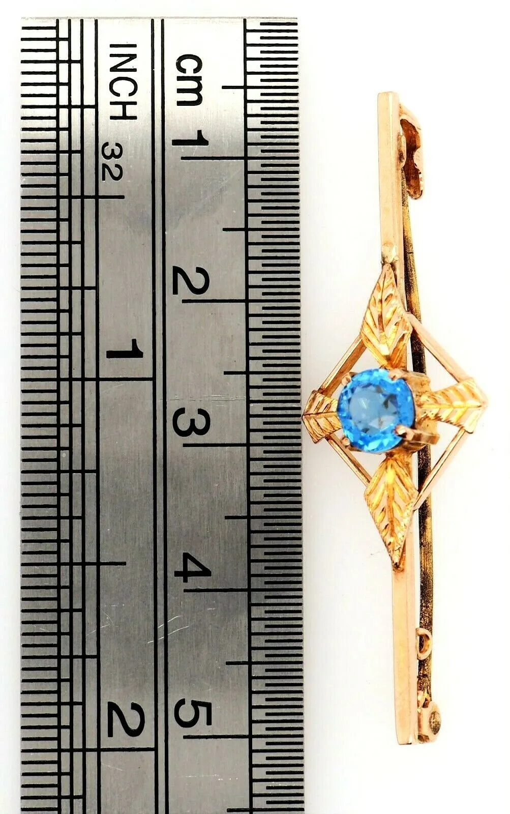 9ct Yellow Gold Blue Glass Rhinestone Bar Brooch