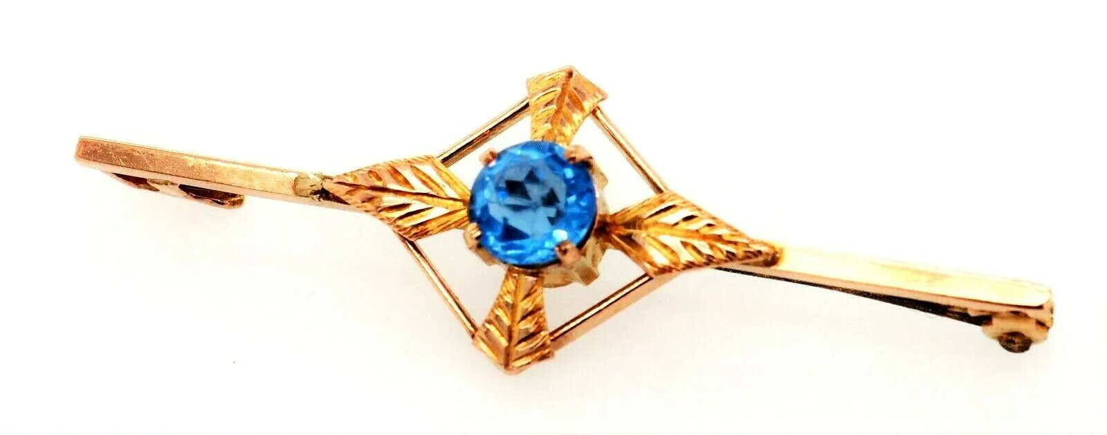 9ct Yellow Gold Blue Glass Rhinestone Bar Brooch