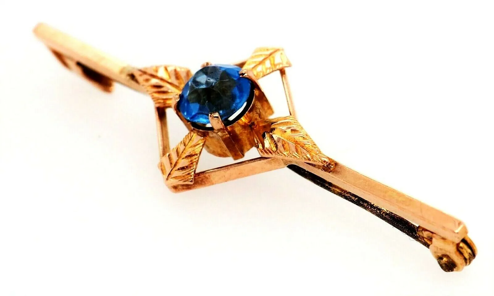 9ct Yellow Gold Blue Glass Rhinestone Bar Brooch