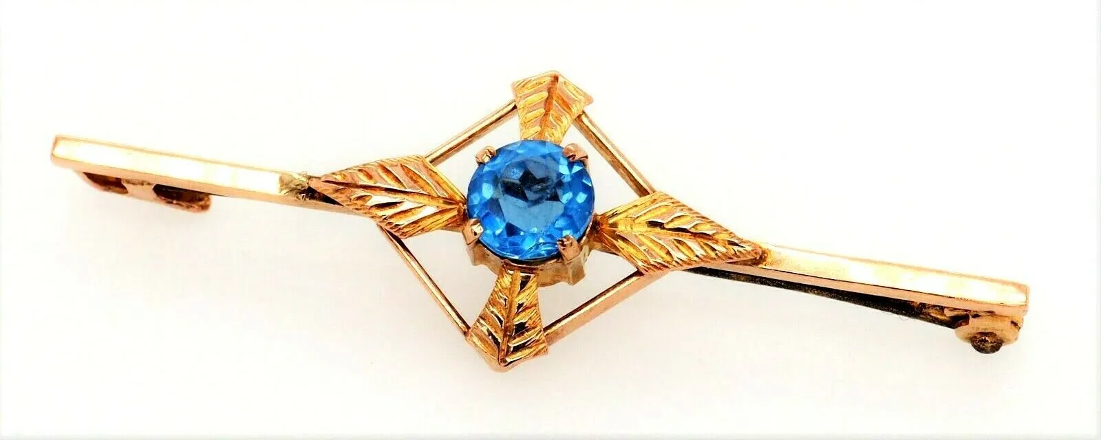 9ct Yellow Gold Blue Glass Rhinestone Bar Brooch