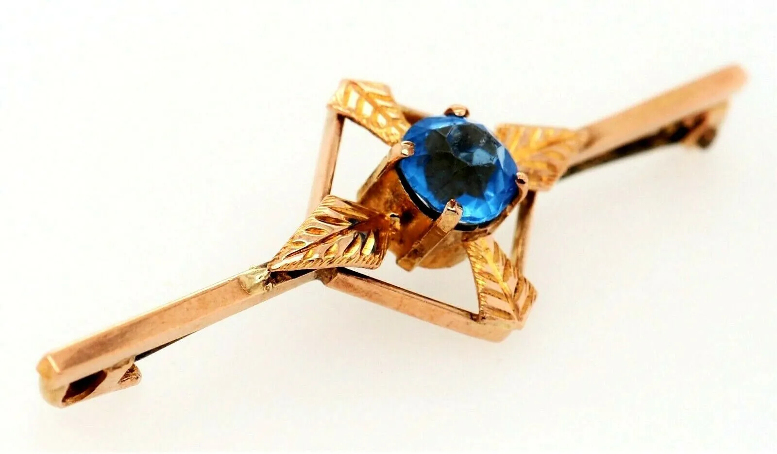 9ct Yellow Gold Blue Glass Rhinestone Bar Brooch