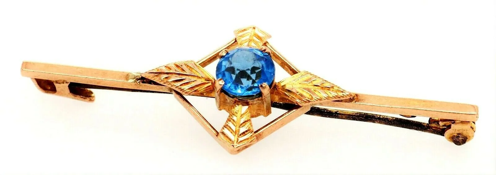 9ct Yellow Gold Blue Glass Rhinestone Bar Brooch