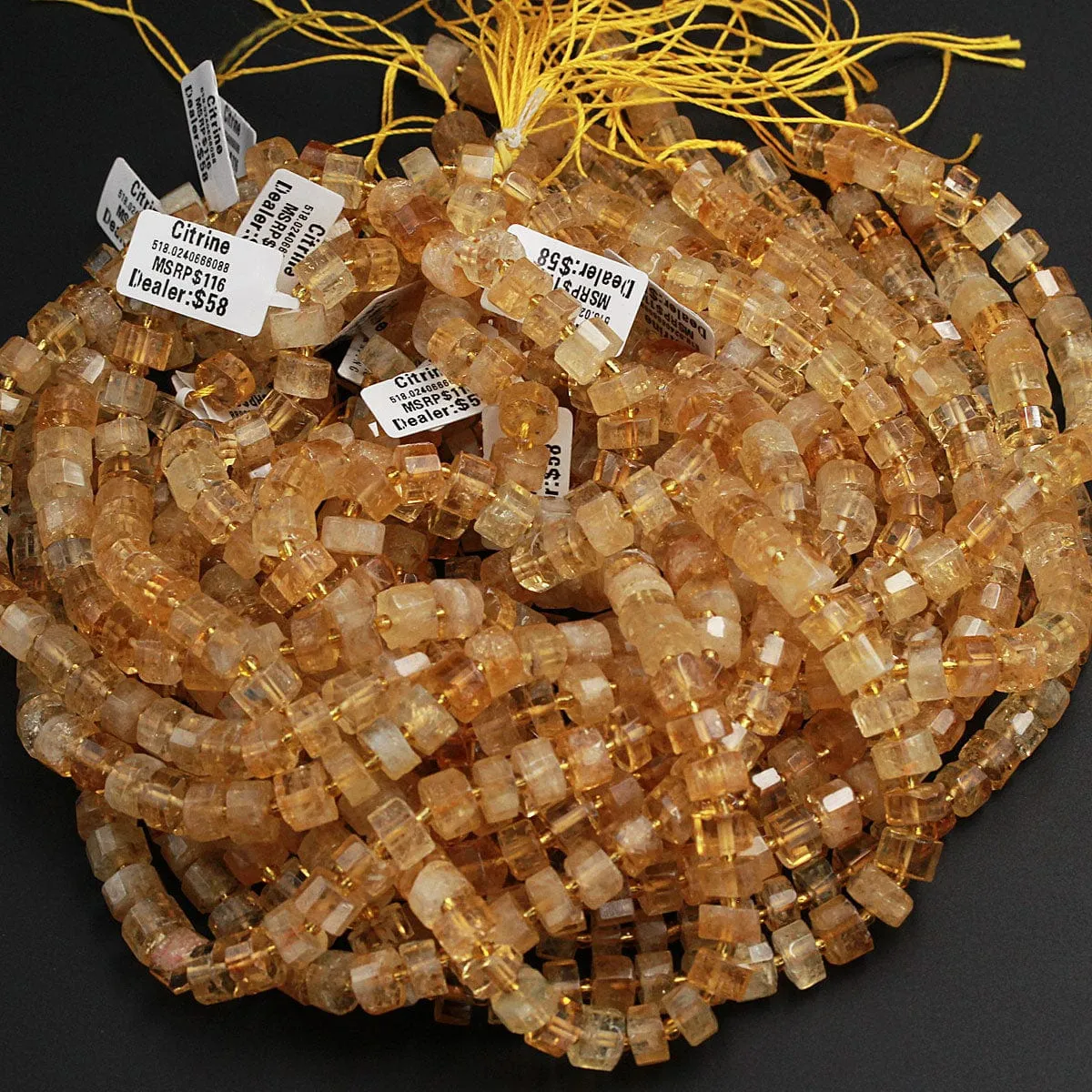 AAA Faceted Natural Golden Citrine Faceted Rondelle Wheel Nugget Micro Faceted Golden Yellow Gemstone 10mm x 6mm Beads 16" Strand