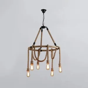 Adjustable Industrial Rope Chandelier - 6 Lights - Beige Ceiling Fixture