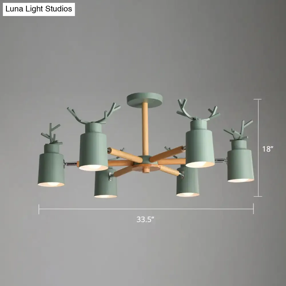 Adjustable Nordic Chandelier Light with Metal Antler Design, Cylindrical Shade, and Wooden Arm