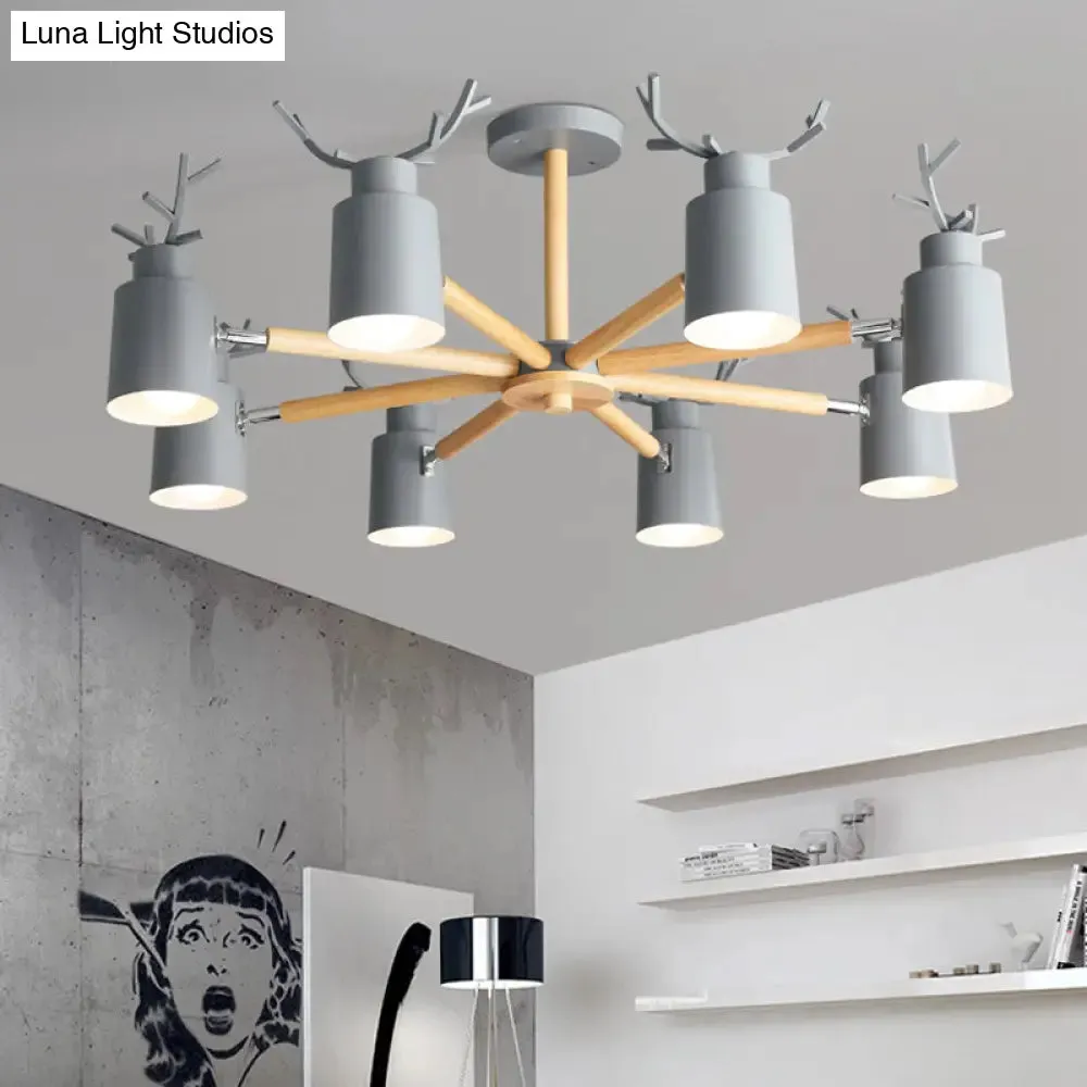 Adjustable Nordic Chandelier Light with Metal Antler Design, Cylindrical Shade, and Wooden Arm