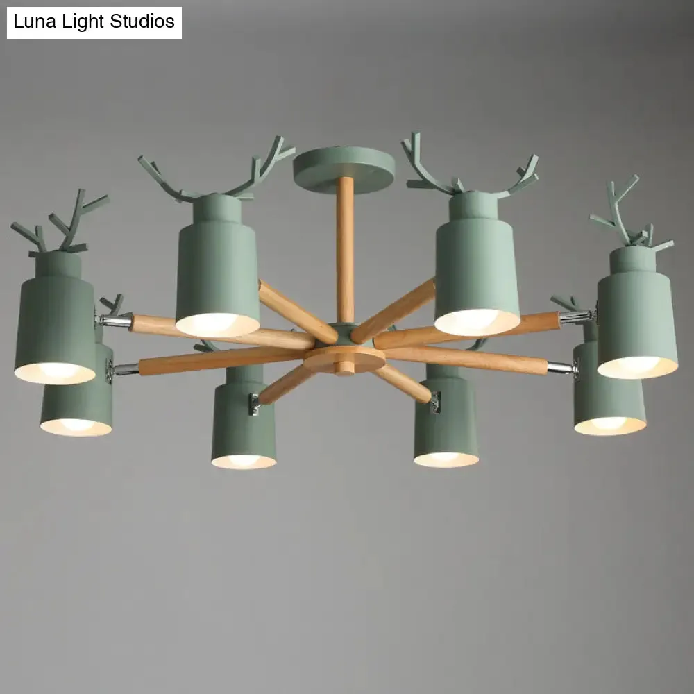 Adjustable Nordic Chandelier Light with Metal Antler Design, Cylindrical Shade, and Wooden Arm