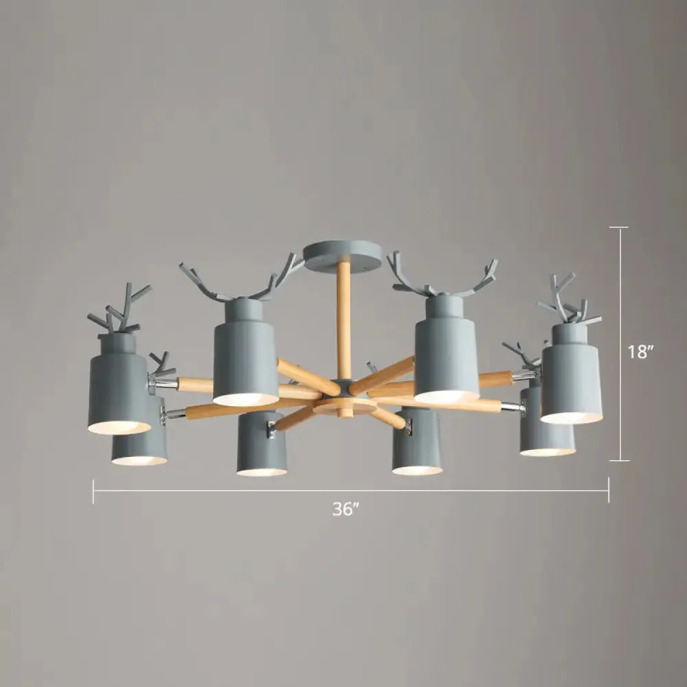 Adjustable Nordic Chandelier Light with Metal Antler Design, Cylindrical Shade, and Wooden Arm