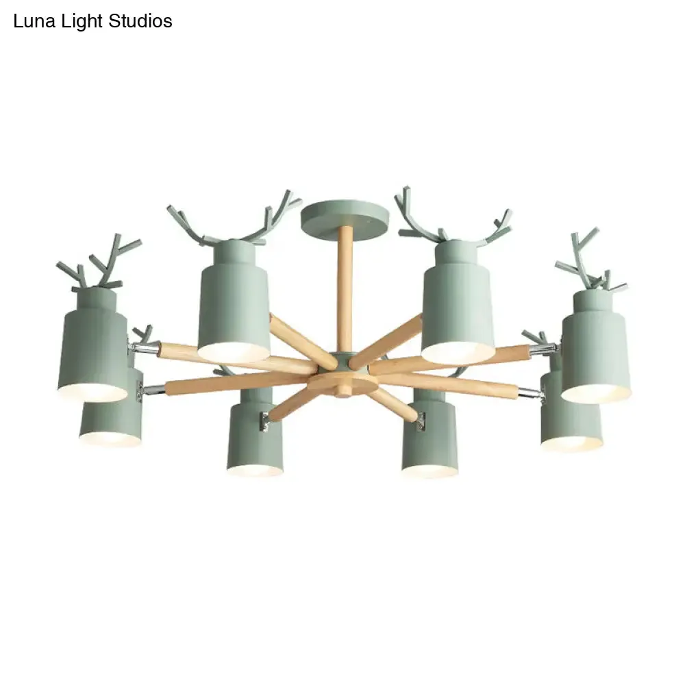 Adjustable Nordic Chandelier Light with Metal Antler Design, Cylindrical Shade, and Wooden Arm