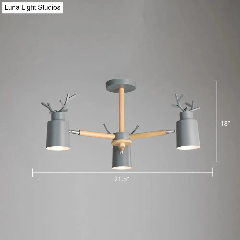 Adjustable Nordic Chandelier Light with Metal Antler Design, Cylindrical Shade, and Wooden Arm