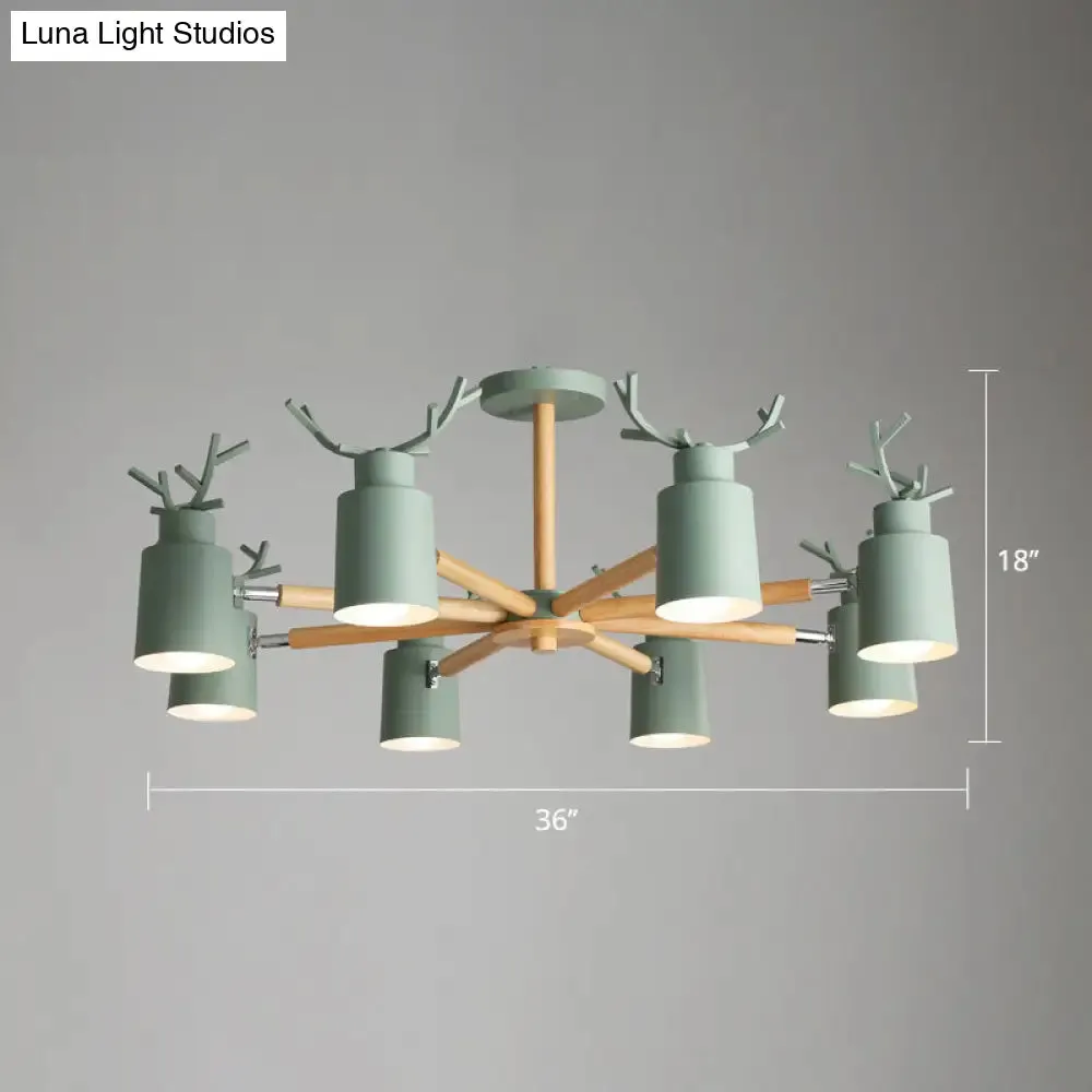 Adjustable Nordic Chandelier Light with Metal Antler Design, Cylindrical Shade, and Wooden Arm