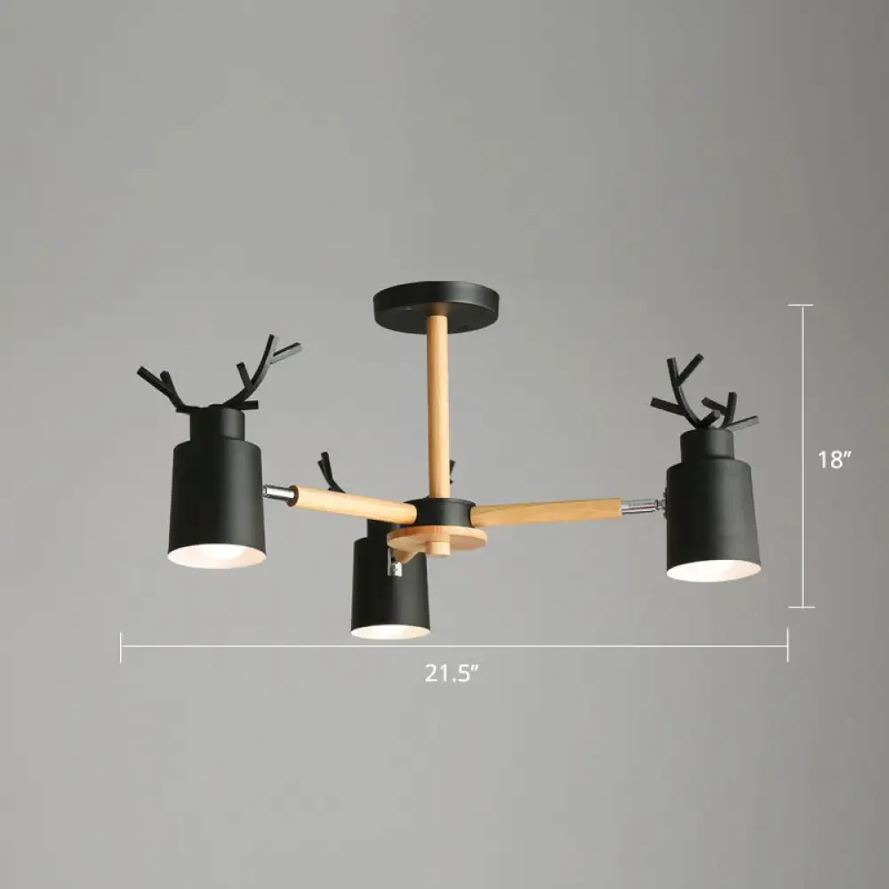 Adjustable Nordic Chandelier Light with Metal Antler Design, Cylindrical Shade, and Wooden Arm