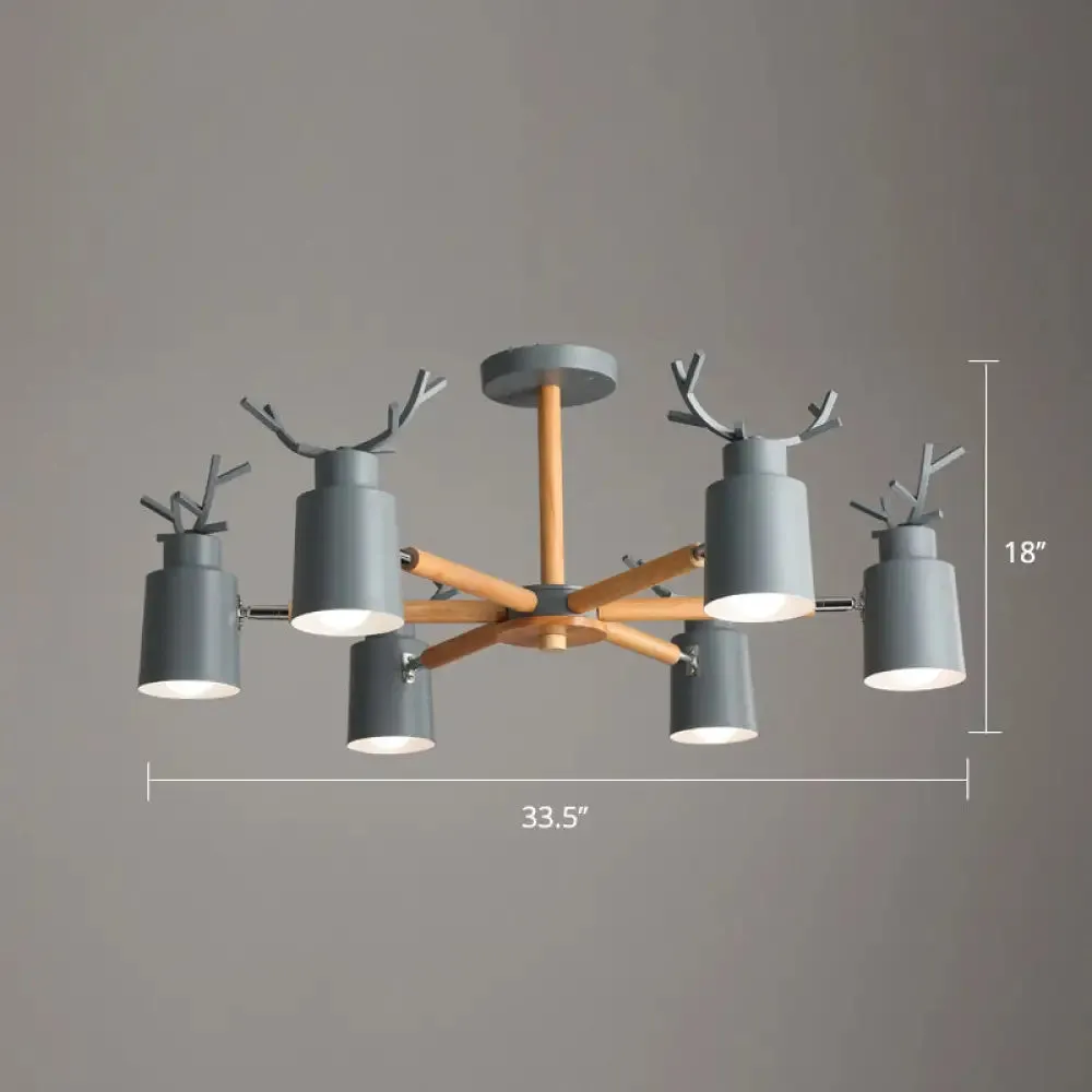 Adjustable Nordic Chandelier Light with Metal Antler Design, Cylindrical Shade, and Wooden Arm