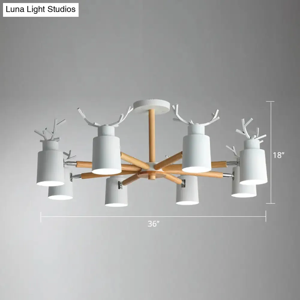 Adjustable Nordic Chandelier Light with Metal Antler Design, Cylindrical Shade, and Wooden Arm