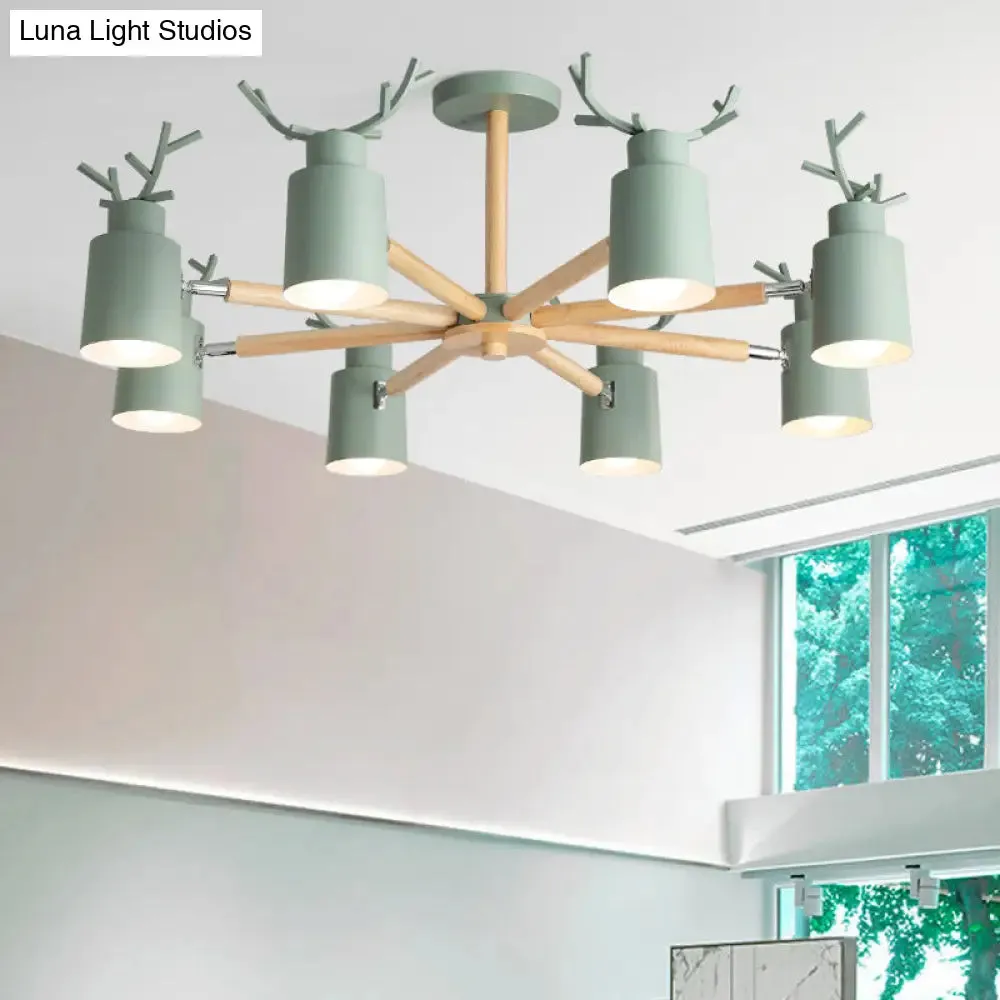 Adjustable Nordic Chandelier Light with Metal Antler Design, Cylindrical Shade, and Wooden Arm