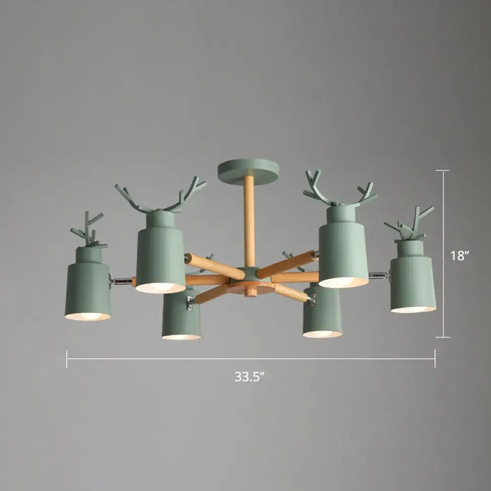 Adjustable Nordic Chandelier Light with Metal Antler Design, Cylindrical Shade, and Wooden Arm