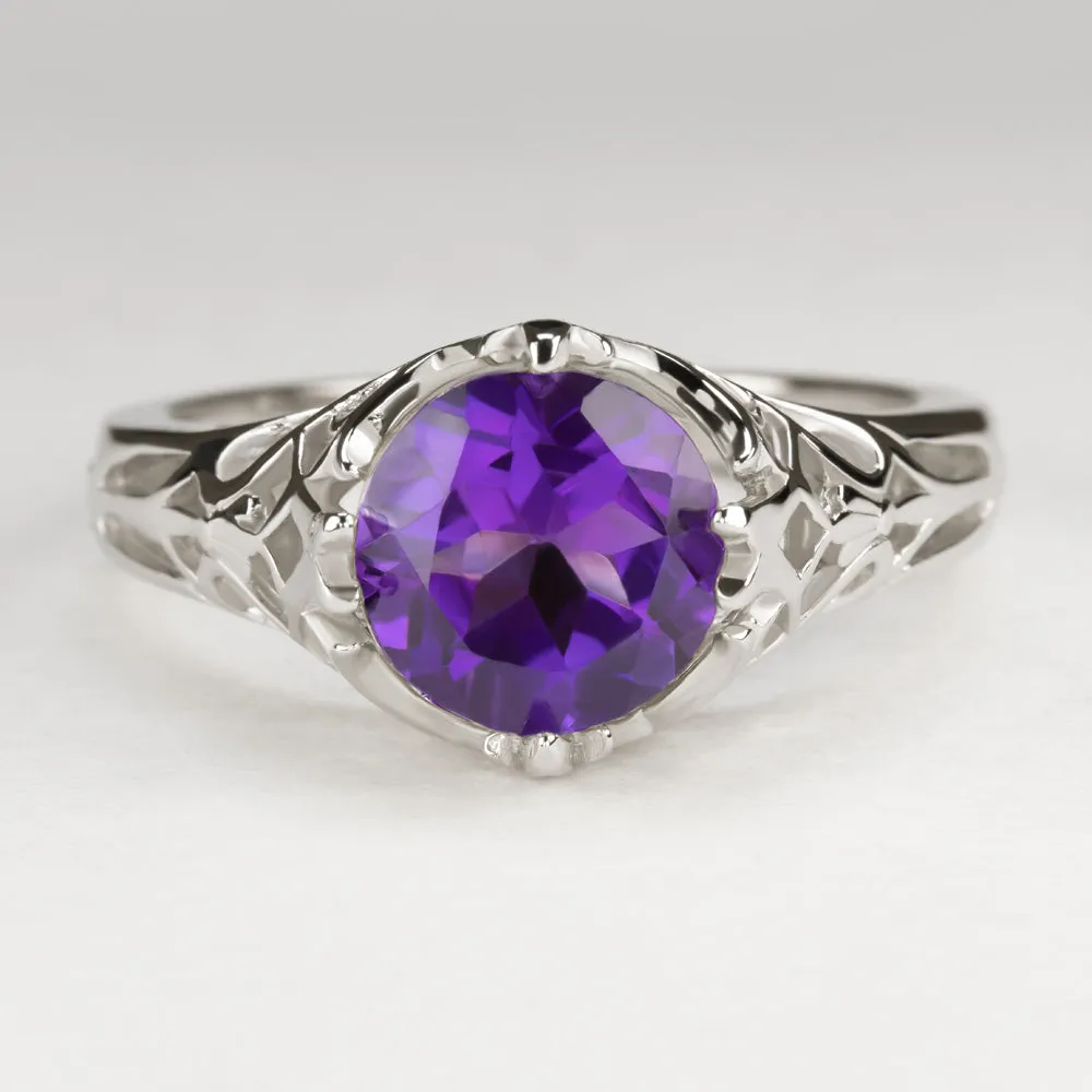 AMETHYST STERLING SILVER RING VINTAGE STYLE SOLITAIRE ART DECO FILIGREE PURPLE