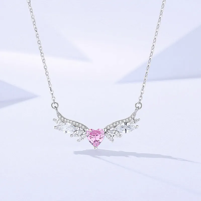 Angel Wings Love Zircon Necklace Women's S925 Sterling Silver Style Fashionable Versatile Light Luxury High-Class Clavicle Chain