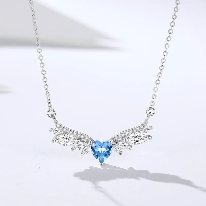 Angel Wings Love Zircon Necklace Women's S925 Sterling Silver Style Fashionable Versatile Light Luxury High-Class Clavicle Chain