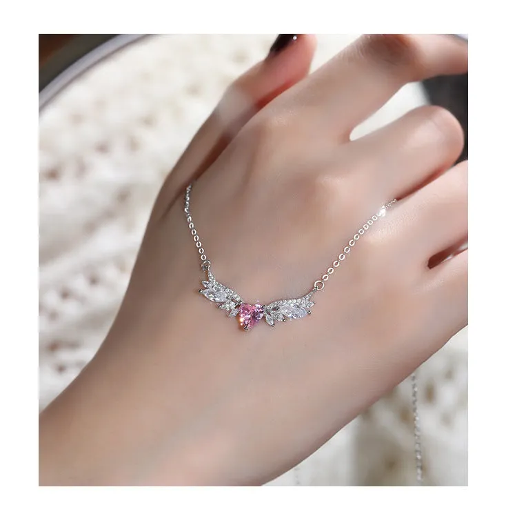 Angel Wings Love Zircon Necklace Women's S925 Sterling Silver Style Fashionable Versatile Light Luxury High-Class Clavicle Chain