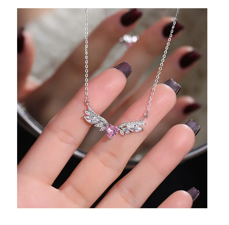 Angel Wings Love Zircon Necklace Women's S925 Sterling Silver Style Fashionable Versatile Light Luxury High-Class Clavicle Chain