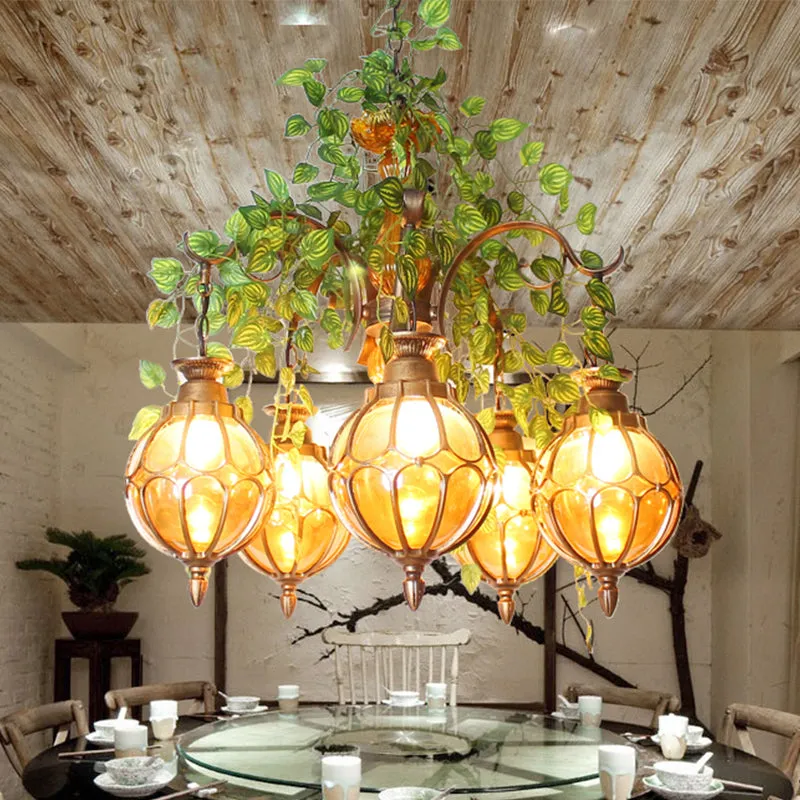 Antique Amber Glass Brass Chandelier - 5/9 Lights - Elegant Dining Room Lighting