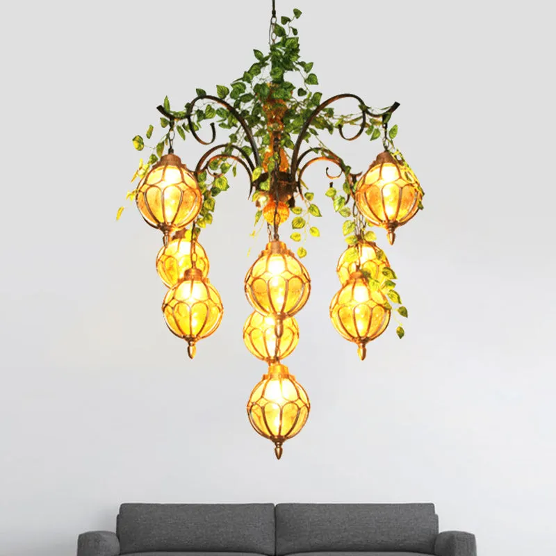 Antique Amber Glass Brass Chandelier - 5/9 Lights - Elegant Dining Room Lighting