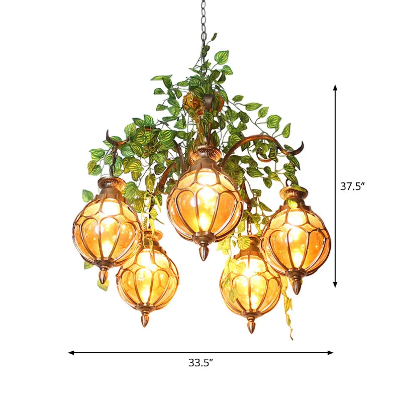 Antique Amber Glass Brass Chandelier - 5/9 Lights - Elegant Dining Room Lighting