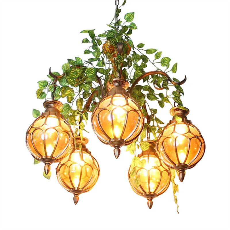 Antique Amber Glass Brass Chandelier - 5/9 Lights - Elegant Dining Room Lighting