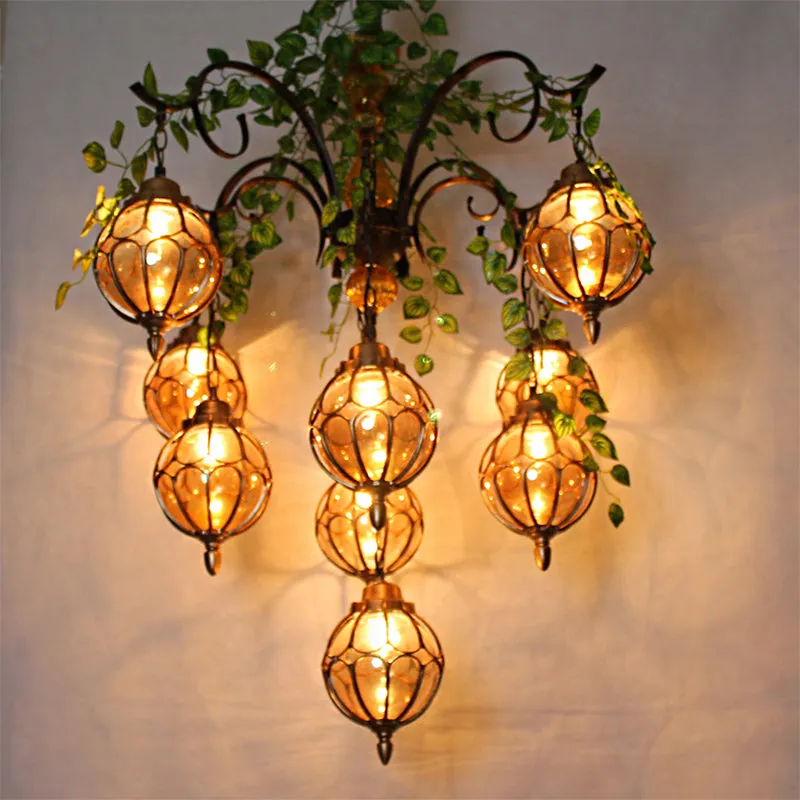 Antique Amber Glass Brass Chandelier - 5/9 Lights - Elegant Dining Room Lighting