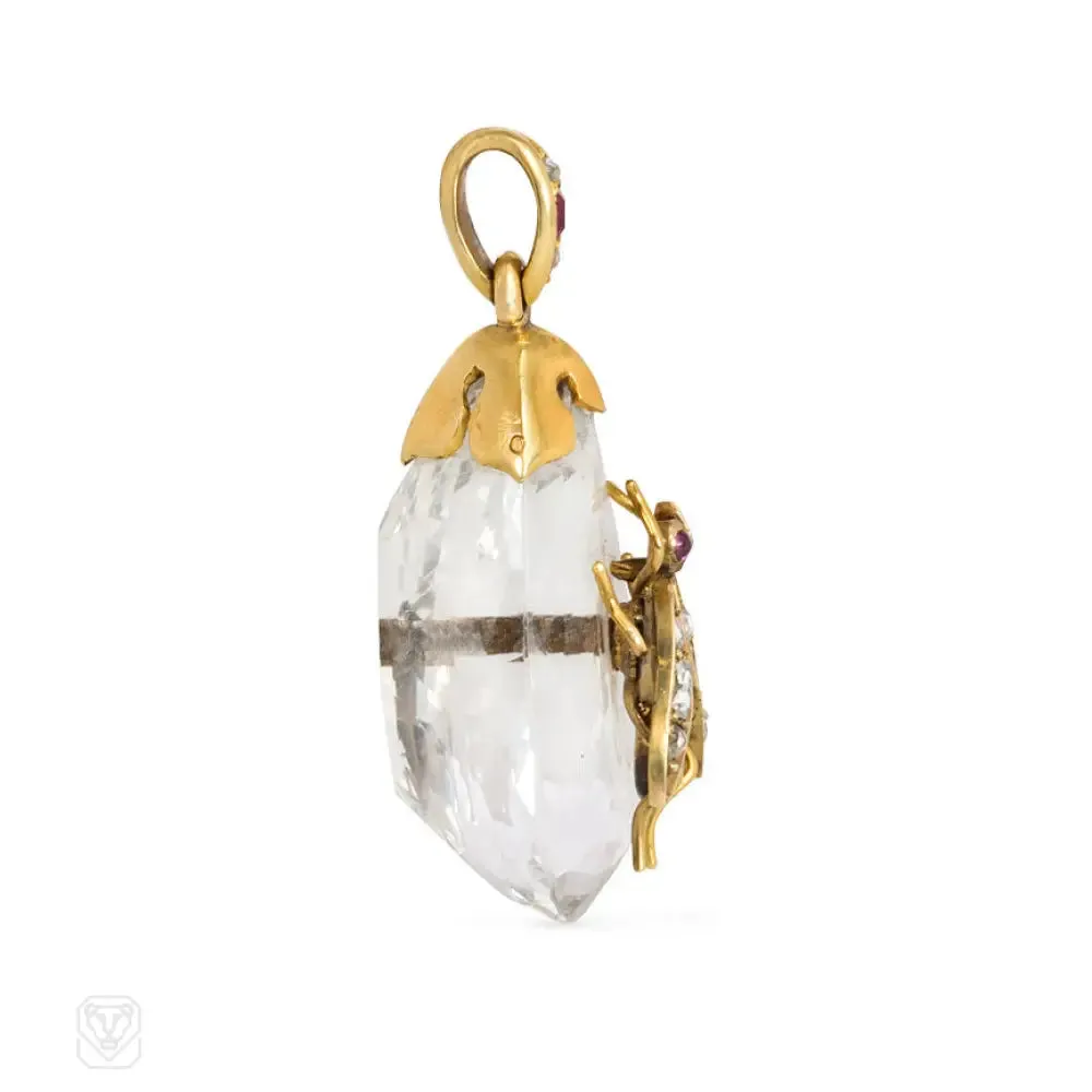 Antique crystal and gem insect pendant