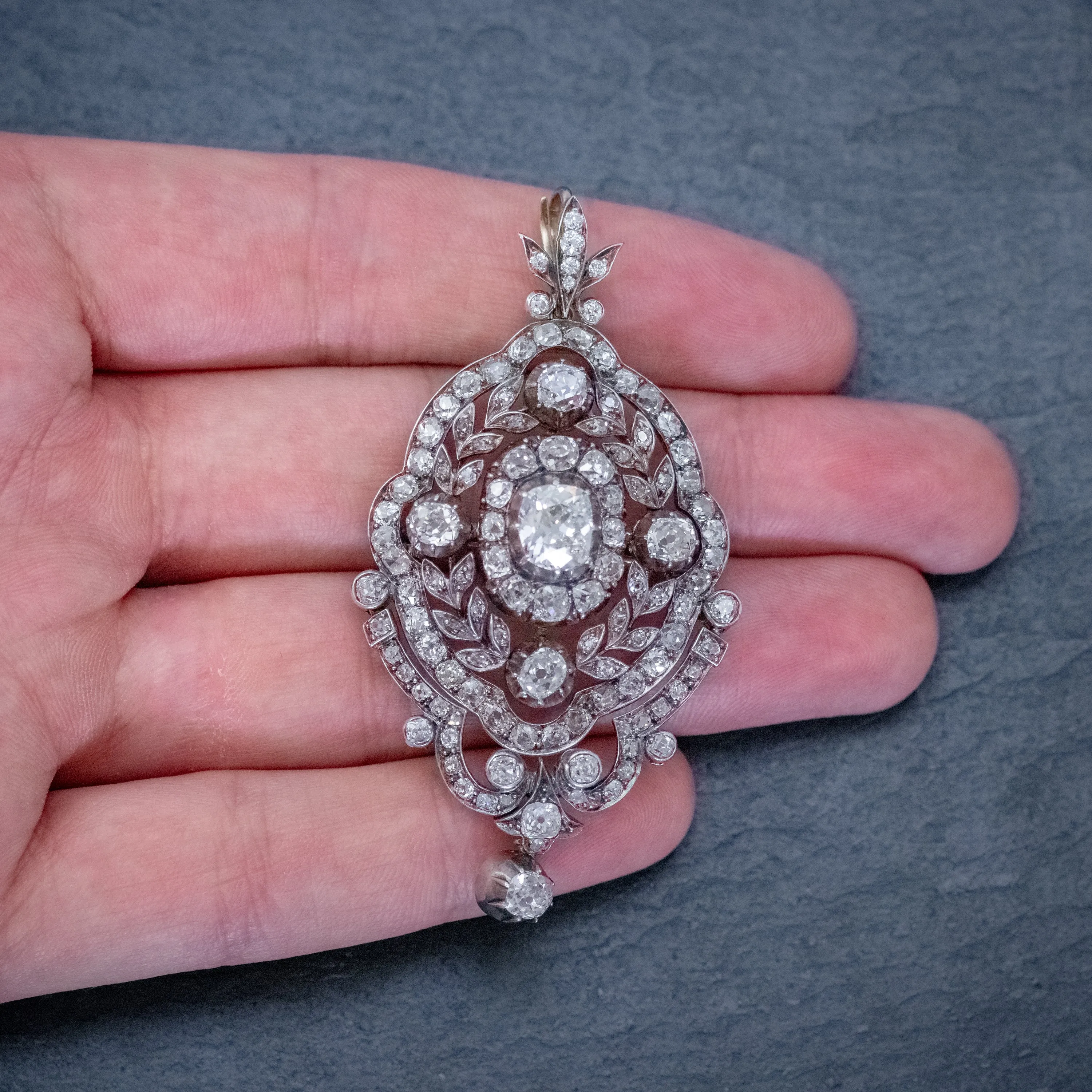 Antique Edwardian Diamond Pendant Brooch 8.35Ct Of Diamonds 18Ct Gold Circa 1905