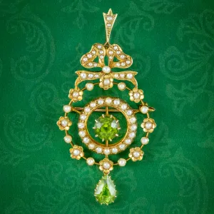 Antique Edwardian Peridot Pearl Pendant 15ct Gold